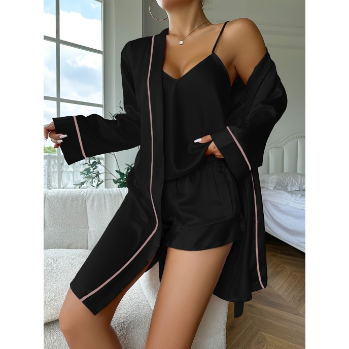 Ice silk pajamas women suspenders shorts robe three-piece summer comfortable and can be worn outside home wear Ice silk pajamas women suspenders shorts robe three-piece summer comfortable and can be worn outside home wear