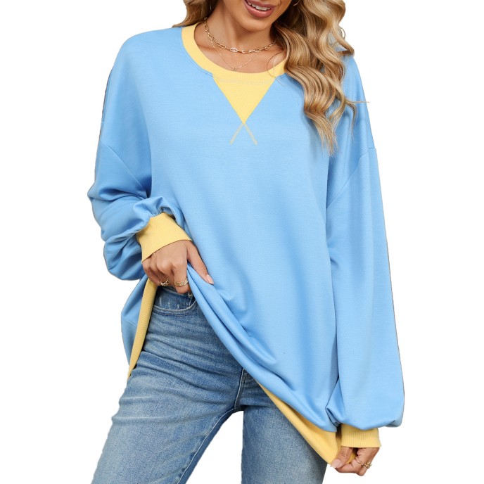 Autumn and winter contrasting round neck loose long sleeved sweatshirt jacket for women Autumn and winter contrasting round neck loose long sleeved sweatshirt jacket for women