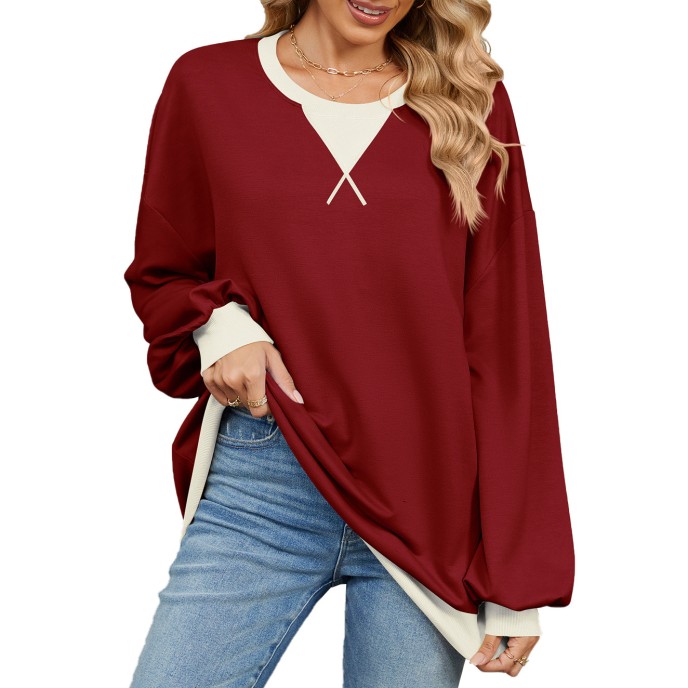 Autumn and winter contrasting round neck loose long sleeved sweatshirt jacket for women Autumn and winter contrasting round neck loose long sleeved sweatshirt jacket for women