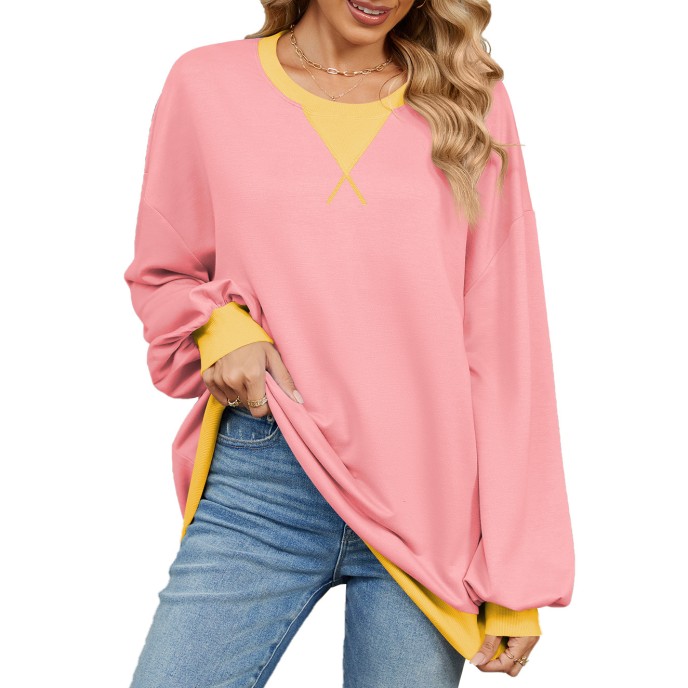Autumn and winter contrasting round neck loose long sleeved sweatshirt jacket for women Autumn and winter contrasting round neck loose long sleeved sweatshirt jacket for women