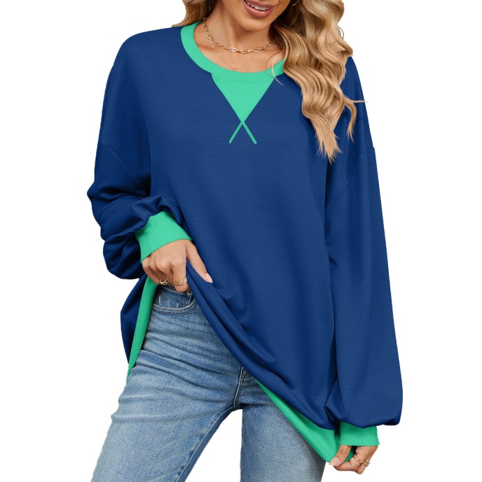 Autumn and winter contrasting round neck loose long sleeved sweatshirt jacket for women Autumn and winter contrasting round neck loose long sleeved sweatshirt jacket for women
