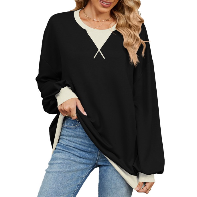 Autumn and winter contrasting round neck loose long sleeved sweatshirt jacket for women Autumn and winter contrasting round neck loose long sleeved sweatshirt jacket for women