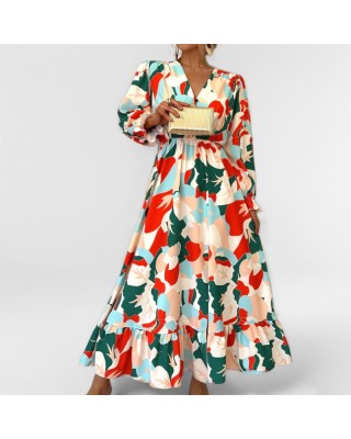 Women's new fall printing long-sleeved waisted temperament elegant V-neck dresses
