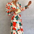 Women's new fall printing long-sleeved waisted temperament elegant V-neck dresses