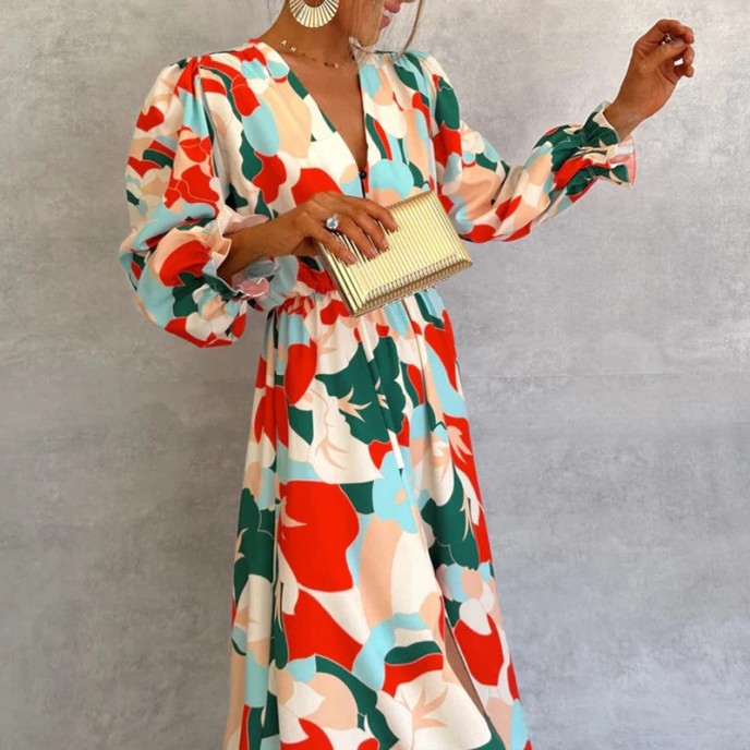 Women's new fall printing long-sleeved waisted temperament elegant V-neck dresses