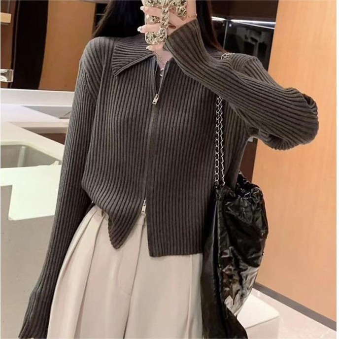 Solid Color Simple Soft Ankora Red Knit Sweater Casual Jacket Women Premium American Polo Neck Zipper Sweater Solid Color Simple Soft Ankora Red Knit Sweater Casual Jacket Women Premium American Polo Neck Zipper Sweater