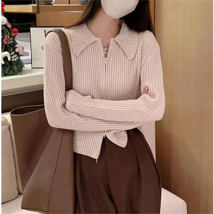 Solid Color Simple Soft Ankora Red Knit Sweater Casual Jacket Women Premium American Polo Neck Zipper Sweater Solid Color Simple Soft Ankora Red Knit Sweater Casual Jacket Women Premium American Polo Neck Zipper Sweater