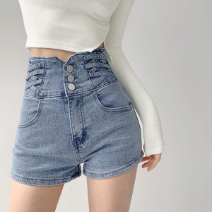 Spice Girl Small Waist Cross Weave High Waisted Tummy Trimming Denim Shorts Women Hundred Lift Hip Loose Wide Leg Hot Pants