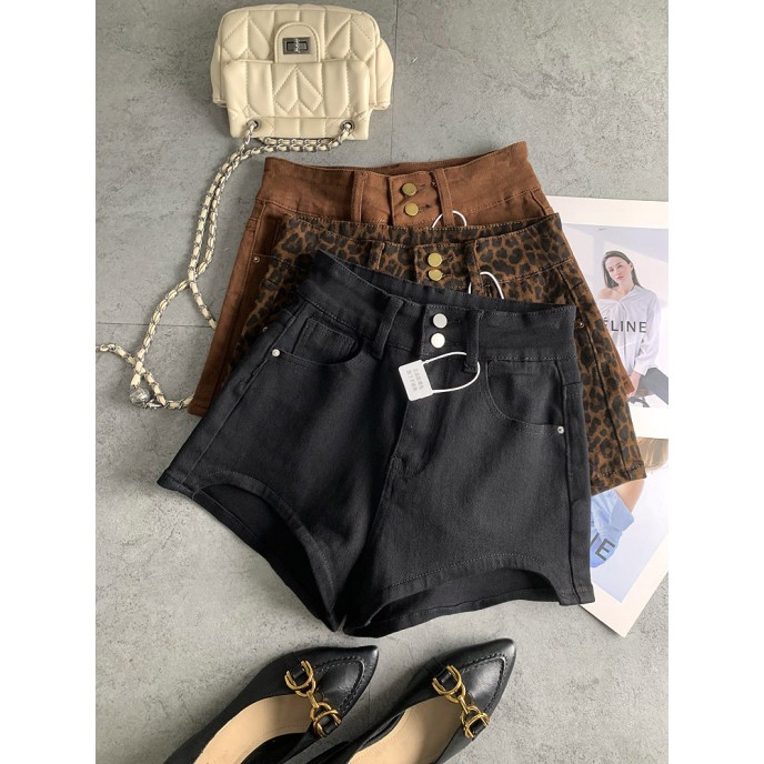 Double-button fashionable fashionable leopard print spicy girl denim shorts female fall new Slim stretch versatile hot pants Double-button fashionable fashionable leopard print spicy girl denim shorts female fall new Slim stretch versatile hot pants
