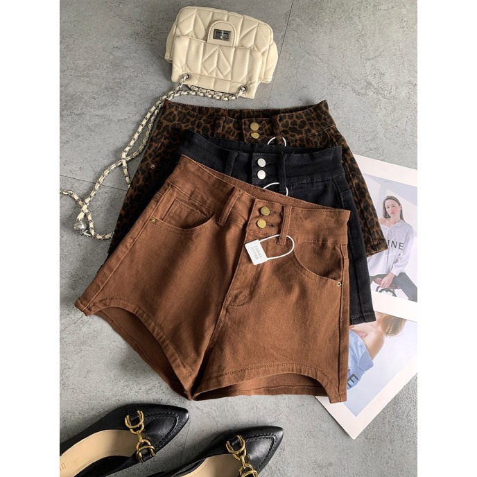 Double-button fashionable fashionable leopard print spicy girl denim shorts female fall new Slim stretch versatile hot pants Double-button fashionable fashionable leopard print spicy girl denim shorts female fall new Slim stretch versatile hot pants