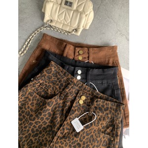 Double-button fashionable fashionable leopard print spicy girl denim shorts female fall new Slim stretch versatile hot pants