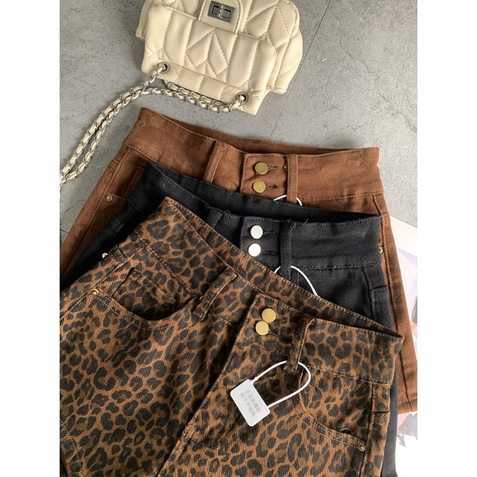 Double-button fashionable fashionable leopard print spicy girl denim shorts female fall new Slim stretch versatile hot pants Double-button fashionable fashionable leopard print spicy girl denim shorts female fall new Slim stretch versatile hot pants