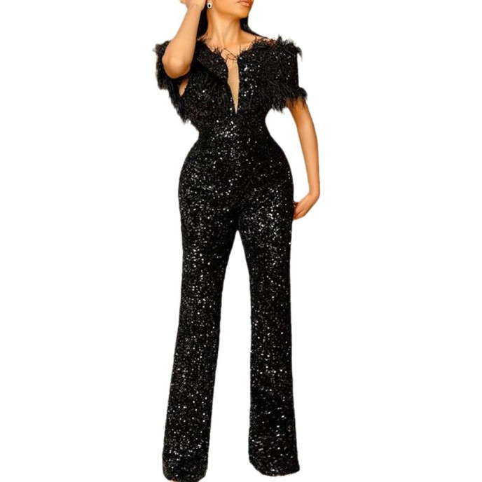 New spring and summer women's jumpsuit V-neck feather sequins Slim waist dress New spring and summer women's jumpsuit V-neck feather sequins Slim waist dress