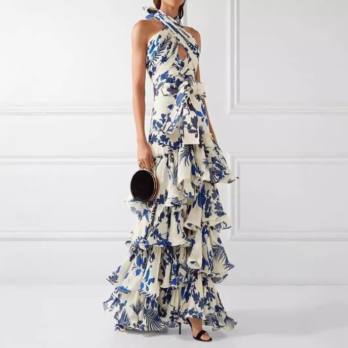 Summer New Boho Vacation Style Strappy Lolita Big Swing Dress Printed