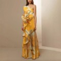Summer New French Retro High Jik Temperament Waisted Casual Printed Diagonal Shoulder Dresses
