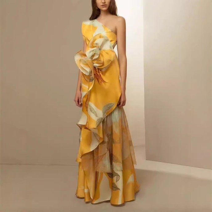 Summer New French Retro High Jik Temperament Waisted Casual Printed Diagonal Shoulder Dresses