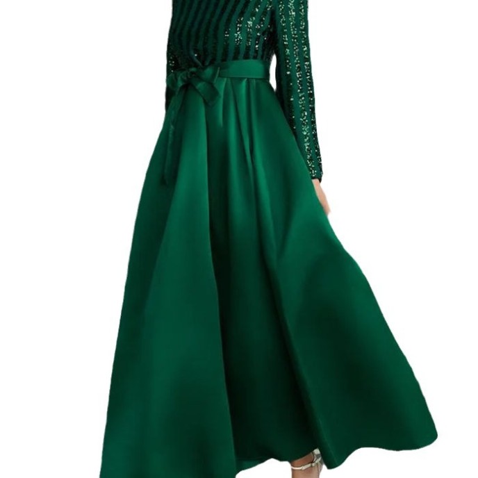 New sequins temperament commuter solid color mid-waist beaded host banquet dress evening dresses New sequins temperament commuter solid color mid-waist beaded host banquet dress evening dresses