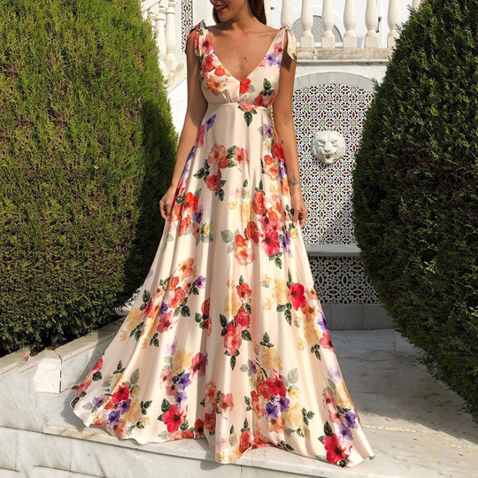 Women's 2025 new spring and summer leaky back printed large swing sleeveless halter dresses