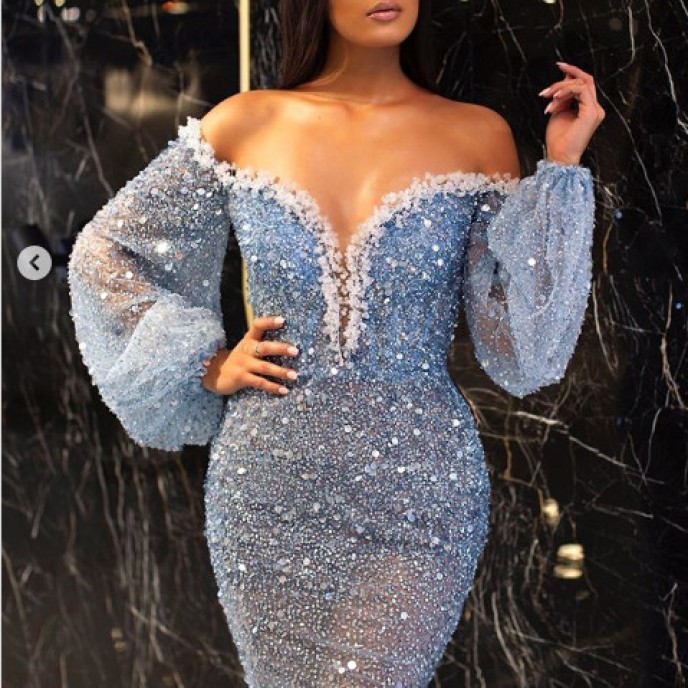 2025 spring and summer new women's casual dress temperament sprinkles V-neck see-through fishtail evening dresses 2025 spring and summer new women's casual dress temperament sprinkles V-neck see-through fishtail evening dresses