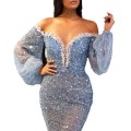 2025 spring and summer new women's casual dress temperament sprinkles V-neck see-through fishtail evening dresses 2025 spring and summer new women's casual dress temperament sprinkles V-neck see-through fishtail evening dresses