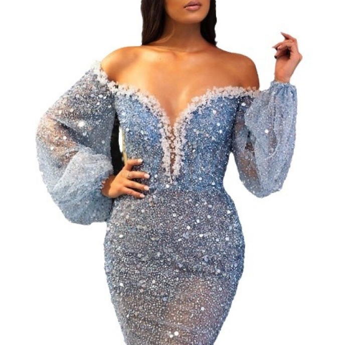 2025 spring and summer new women's casual dress temperament sprinkles V-neck see-through fishtail evening dresses 2025 spring and summer new women's casual dress temperament sprinkles V-neck see-through fishtail evening dresses