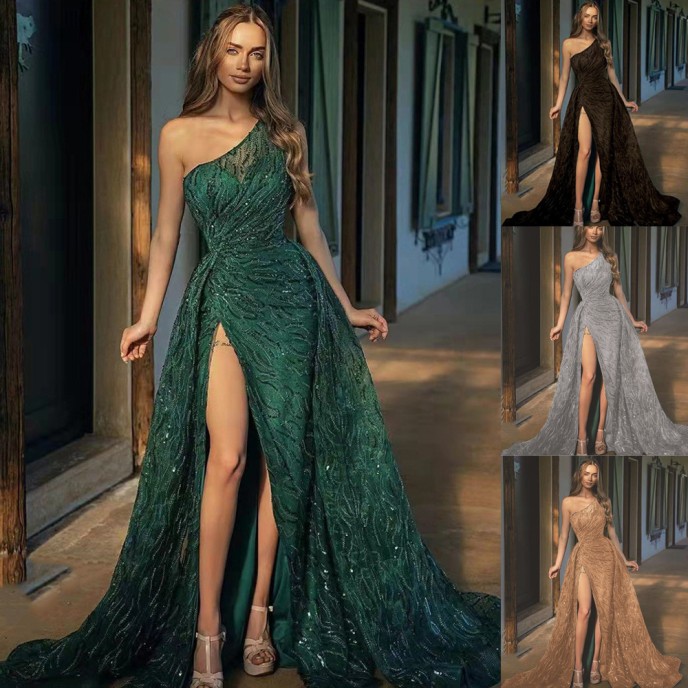 2025 Spring and Summer New Women's Slant Shoulder Split Long Dress Toast Dress Dress Sequins Sling Evening Gowns 2025 Spring and Summer New Women's Slant Shoulder Split Long Dress Toast Dress Dress Sequins Sling Evening Gowns
