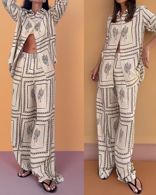 Fall new women's independent station printed shirt top elegant wide leg pants fashion casual suit