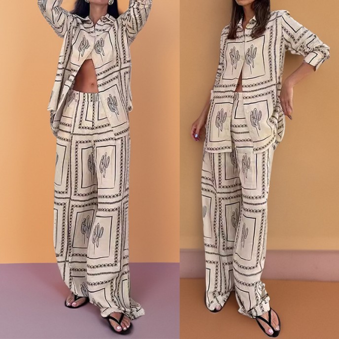 Fall new women's independent station printed shirt top elegant wide leg pants fashion casual suit Fall new women's independent station printed shirt top elegant wide leg pants fashion casual suit