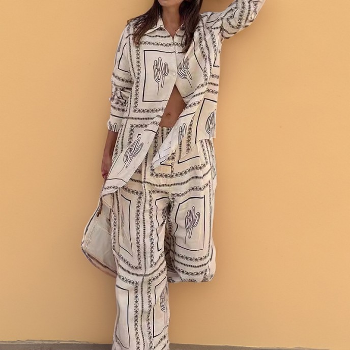 Fall new women's independent station printed shirt top elegant wide leg pants fashion casual suit Fall new women's independent station printed shirt top elegant wide leg pants fashion casual suit