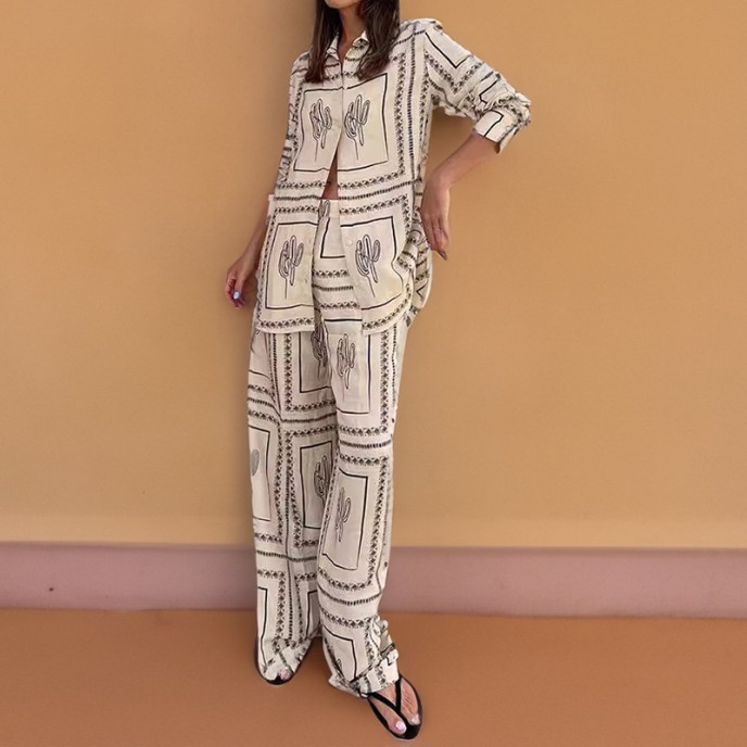 Fall new women's independent station printed shirt top elegant wide leg pants fashion casual suit Fall new women's independent station printed shirt top elegant wide leg pants fashion casual suit