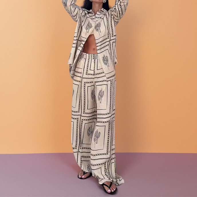Fall new women's independent station printed shirt top elegant wide leg pants fashion casual suit Fall new women's independent station printed shirt top elegant wide leg pants fashion casual suit