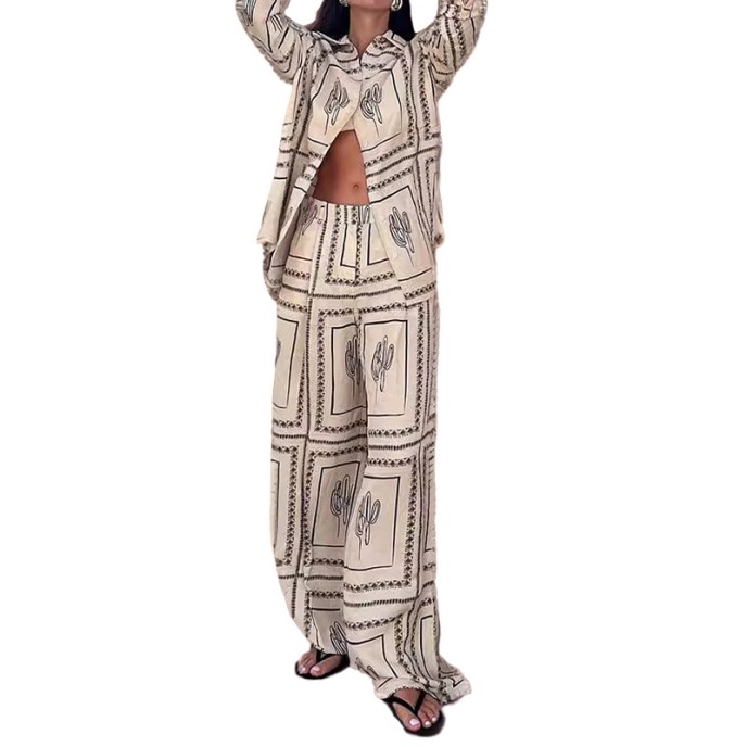Fall new women's independent station printed shirt top elegant wide leg pants fashion casual suit Fall new women's independent station printed shirt top elegant wide leg pants fashion casual suit