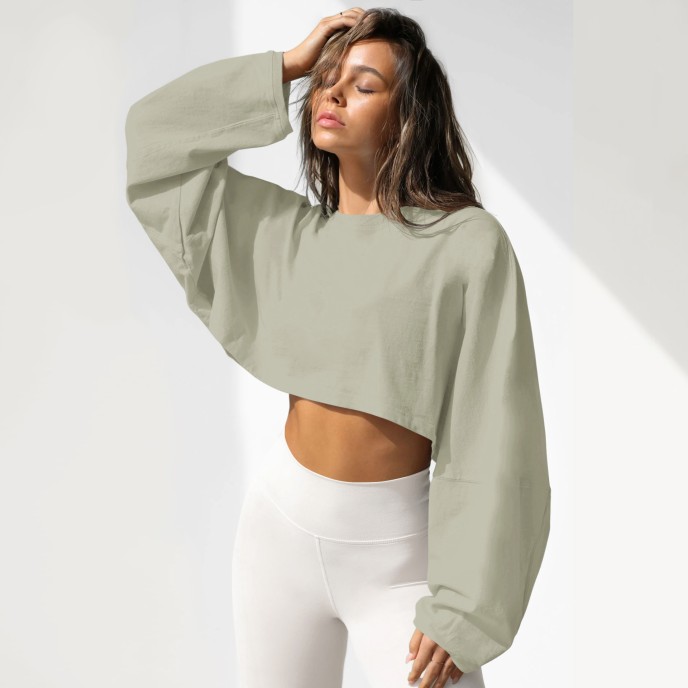 Umbilical round neck sweatshirt, European and American women's short sports base shirt, T-shirt, knitted shirt, long sleeved top