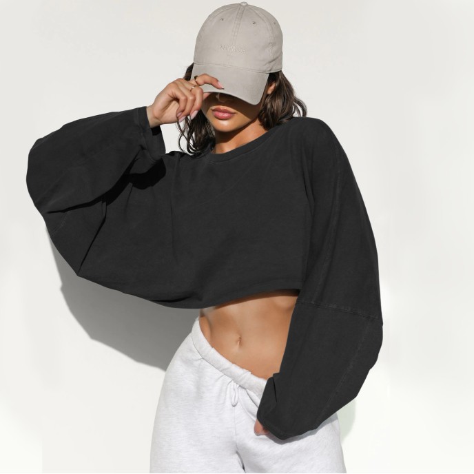 Umbilical round neck sweatshirt, European and American women's short sports base shirt, T-shirt, knitted shirt, long sleeved top
