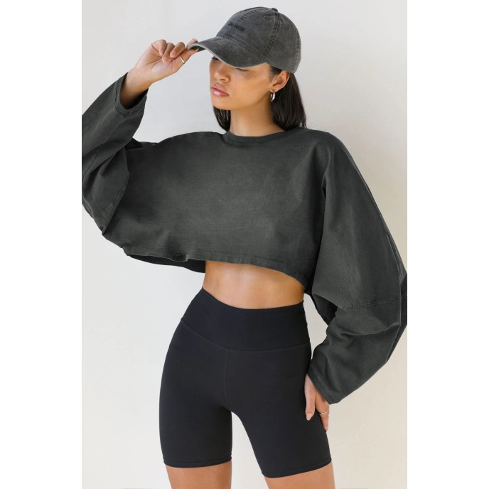 Umbilical round neck sweatshirt, European and American women's short sports base shirt, T-shirt, knitted shirt, long sleeved top