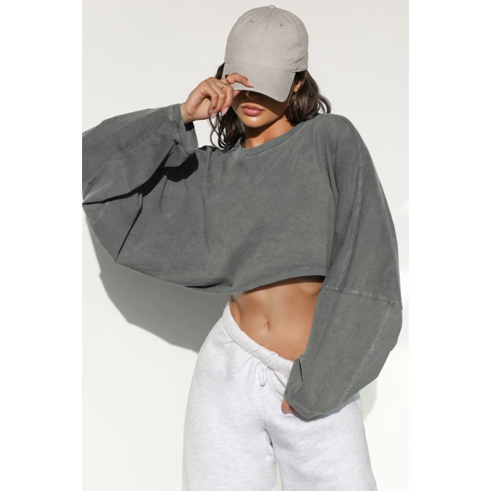 Umbilical round neck sweatshirt, European and American women's short sports base shirt, T-shirt, knitted shirt, long sleeved top