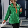 Women's medium to long loose long sleeved lapel, color blocked breasted fleece pullover, plush hoodie