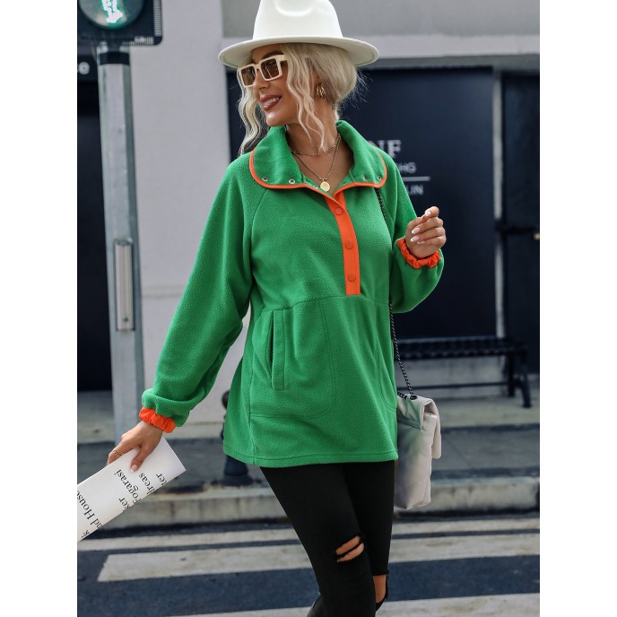 Women's medium to long loose long sleeved lapel, color blocked breasted fleece pullover, plush hoodie