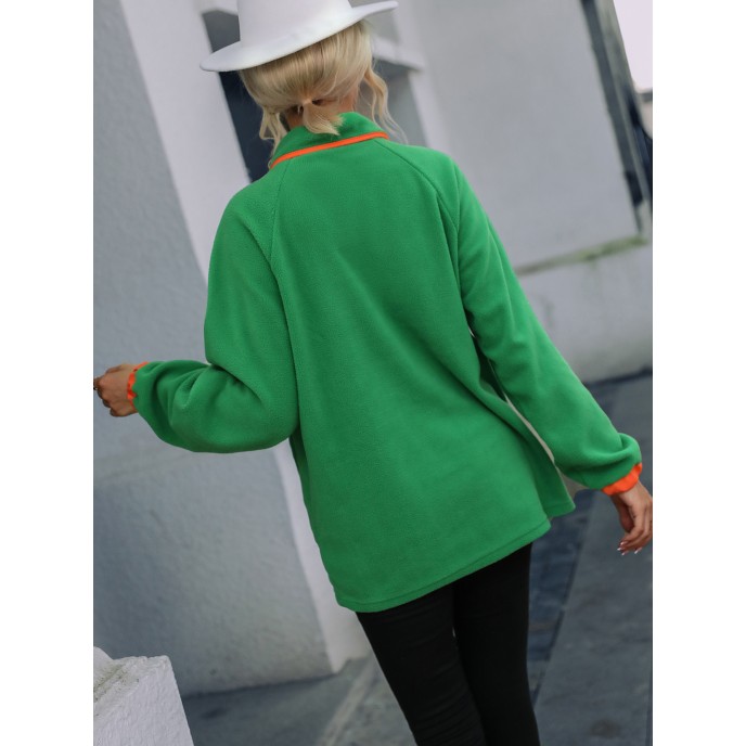 Women's medium to long loose long sleeved lapel, color blocked breasted fleece pullover, plush hoodie
