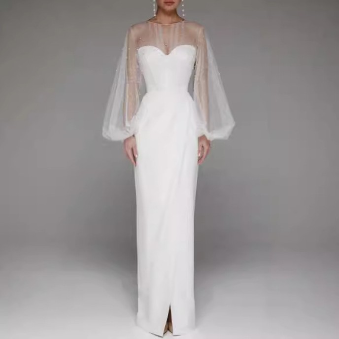 Spring and summer new women's long dress sexy halter pearl long-sleeved even Spring and summer new women's long dress sexy halter pearl long-sleeved even