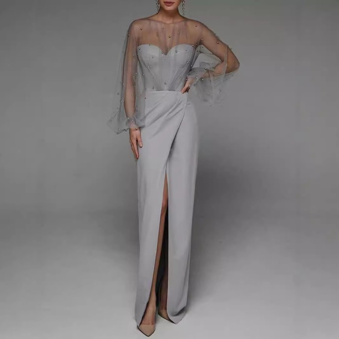 Spring and summer new women's long dress sexy halter pearl long-sleeved even Spring and summer new women's long dress sexy halter pearl long-sleeved even