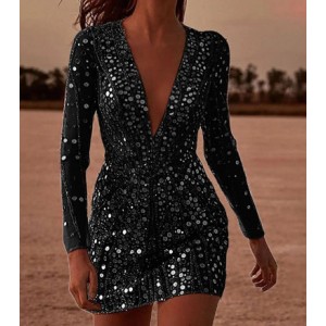 2025 Sexy Deep V See-through Sequins Package Hip Dress Long Sleeve Evening Gowns