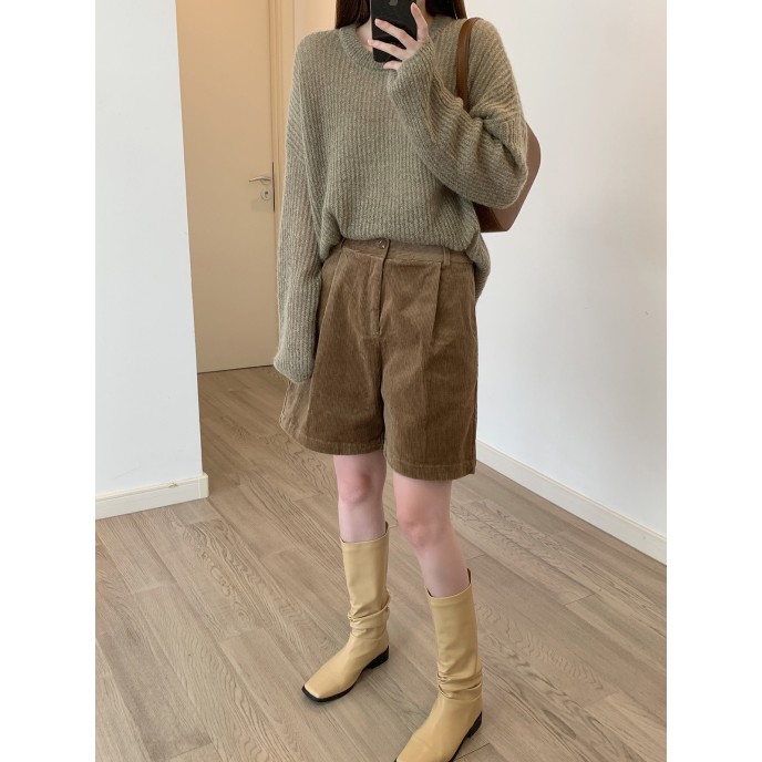 High-waisted retro corduroy boot pants women's fall and winter loose A-line wide-leg casual Chinese pants five-minute shorts High-waisted retro corduroy boot pants women's fall and winter loose A-line wide-leg casual Chinese pants five-minute shorts