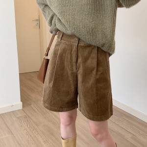 High-waisted retro corduroy boot pants women's fall and winter loose A-line wide-leg casual Chinese pants five-minute shorts
