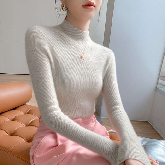 [Hot Sale] Seamless semi high neck soft glutinous cashmere sweater for women, slim fit and slimming sweater, knitted base sweater