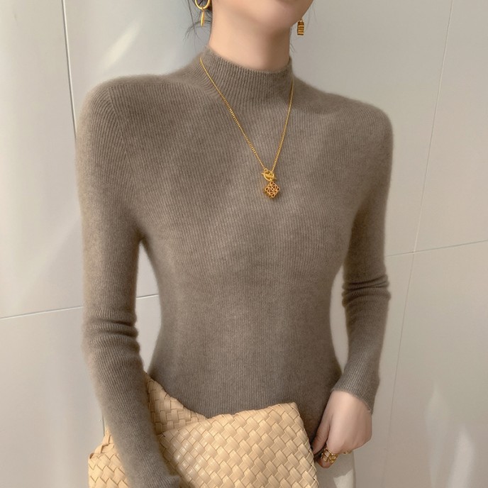 [Hot Sale] Seamless semi high neck soft glutinous cashmere sweater for women, slim fit and slimming sweater, knitted base sweater