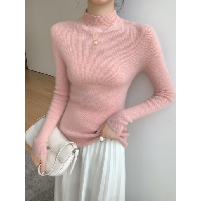 [Hot Sale] Seamless semi high neck soft glutinous cashmere sweater for women, slim fit and slimming sweater, knitted base sweater