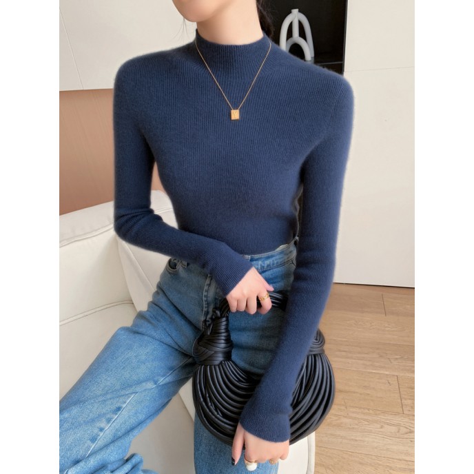 [Hot Sale] Seamless semi high neck soft glutinous cashmere sweater for women, slim fit and slimming sweater, knitted base sweater