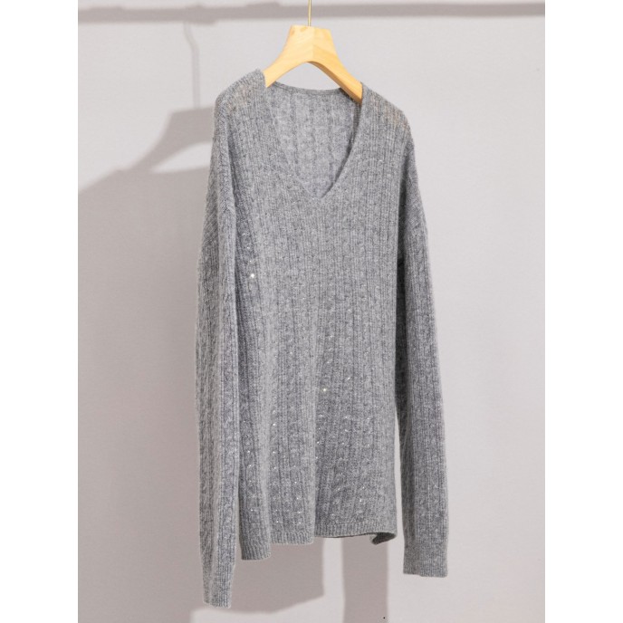 [New Product Launch] Cashmere sweater with crystal inlay for women, loose V-neck versatile base shirt, long sleeved sweater, autumn and winter coat