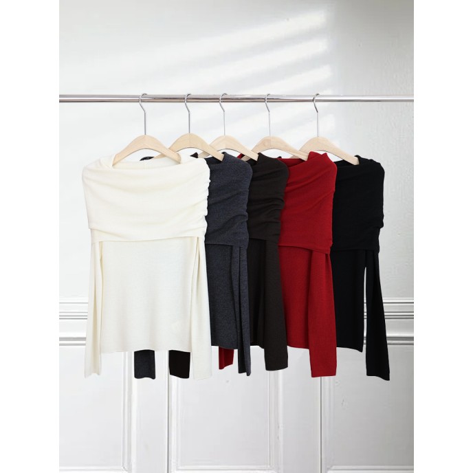 [Special Offers] Gentle style one shoulder Yangtze yarn knitted sweater for women in autumn, slim fit, high-end feeling, pleated off shoulder top